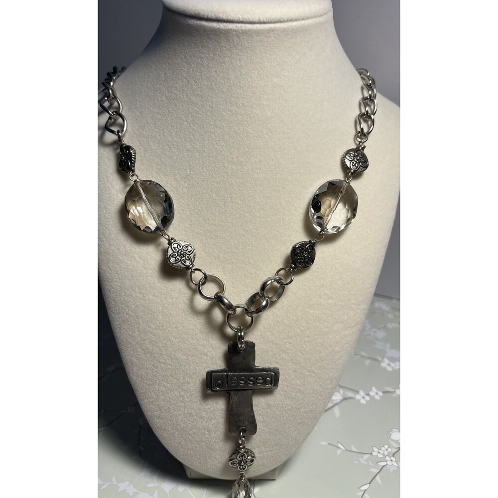 Blessed Dangle Cross Charm Chain Link Necklace Silver Tone Rhinestones 28.5”